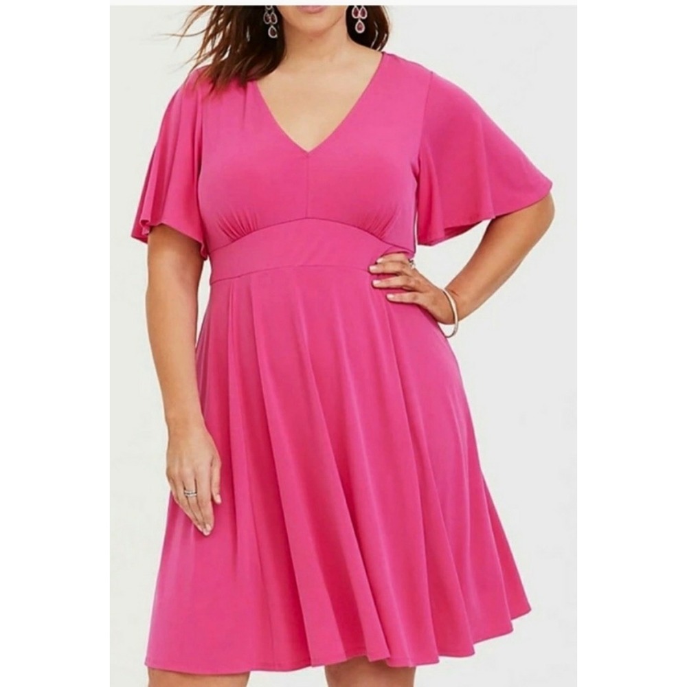 Torrid Pink Flutter Sleeve V-Neck Empire Waist Fit and Flare Dress Plus Size 2